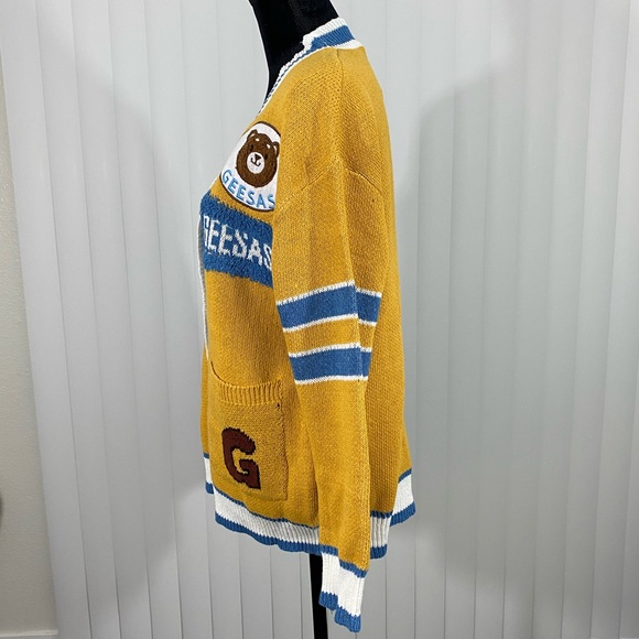 AELFRIC EDEN Unisex Varsity Letterman Sweater Cardigan Patchwork Yellow Gold M - Picture 5 of 12